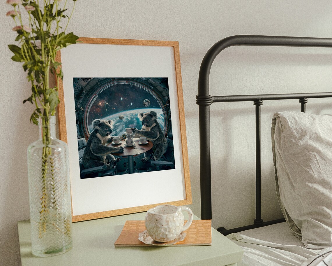 Two Koalas Drinking Tea in Outer Space Whimsical Animal Poster - Image 2