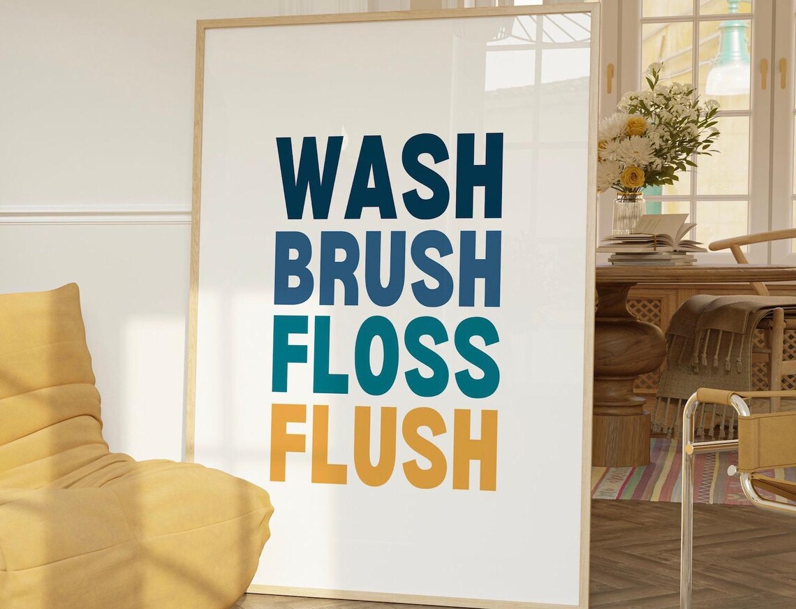 Wash Brush Floss Flush Bathroom Wall Decor