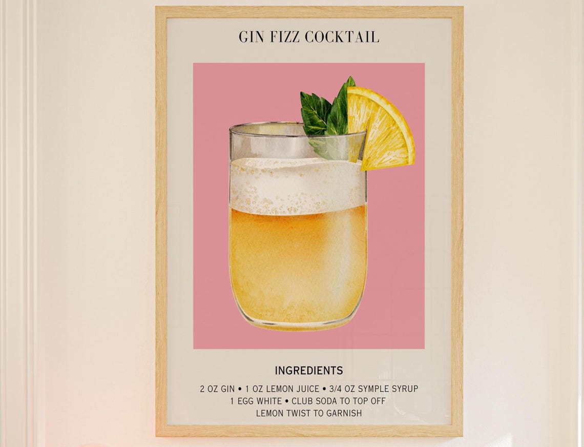Gin Fizz Cocktail Recipe Watercolor Pink Retro Kitchen Bar Poster