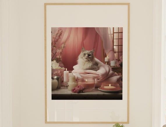 Fluffy White Cat Among Candles And Pink Silk Dreamy Portrait Poster
