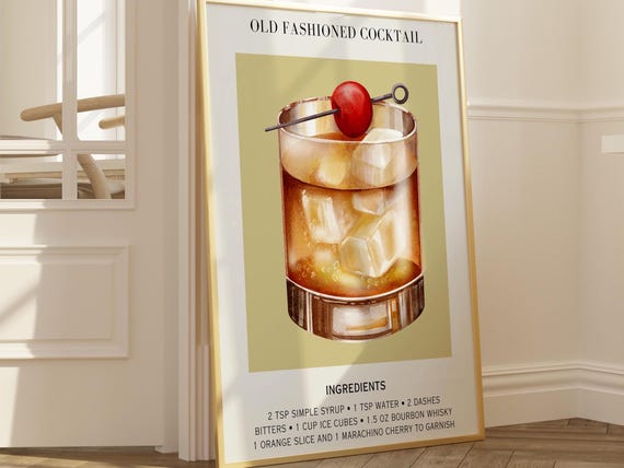 Old Fashioned Cocktail Recipe Watercolor Retro Drink Bar Poster