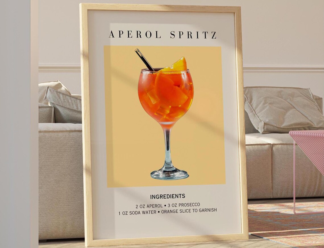 Aperol Spritz Art Print, Minimalist Retro Cocktail
