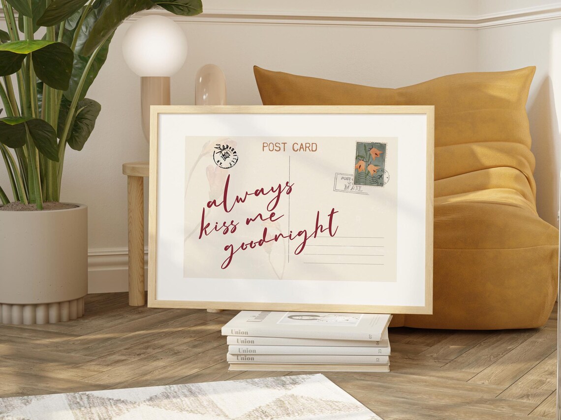 Always Kiss Me Goodnight Vintage Postcard Romantic Quote Poster