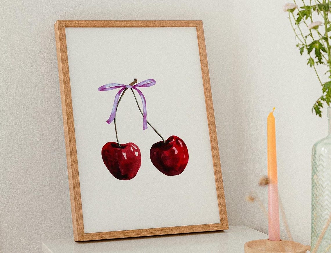 Cherry Wall Art Print Feminine Poster Coquette Purple Bow Soft Girl Bedroom Decor Trendy Wall Art Preppy College Apartment Print - Image 2
