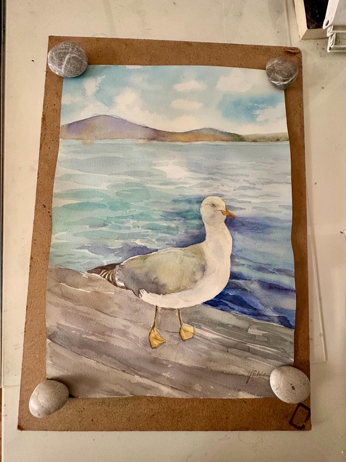 Seagull Resting on a Rocky Shore Watercolor Coastal Bird Poster - Image 3