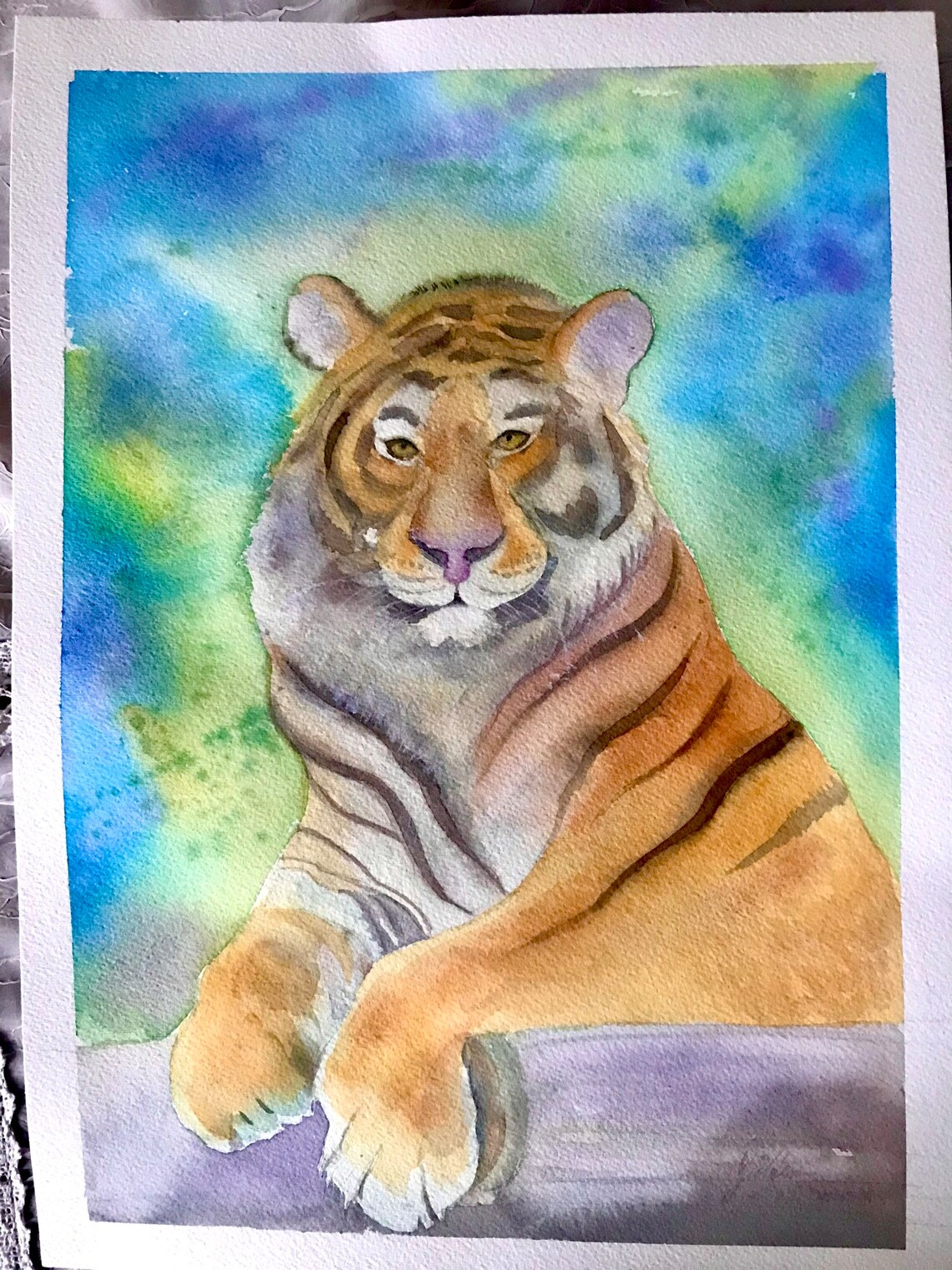 Majestic Tiger Resting Against a Blue Green Wash Watercolor Poster - Image 3