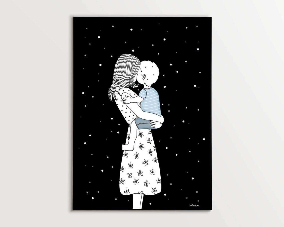 Gentle Mother Holding Son Under a Starry Night Black Sky Poster