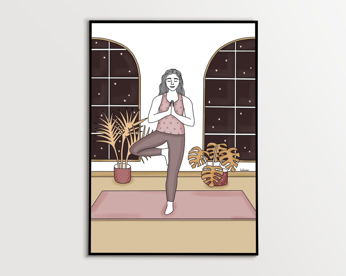 Woman in Tree Pose Night Yoga Session With Houseplants Poster