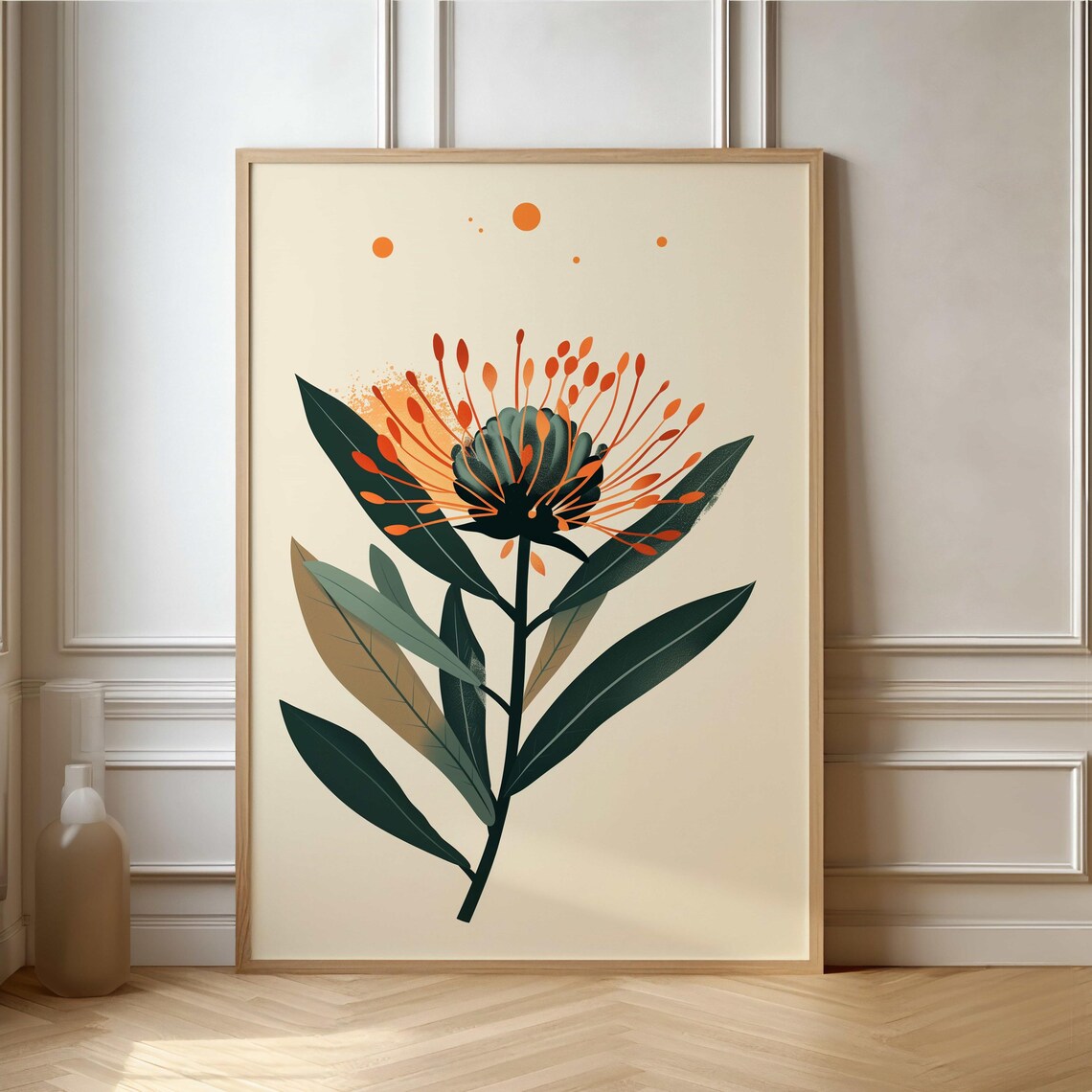 Lone Orange Protea Bloom Minimalist Cream Botanical Art Poster