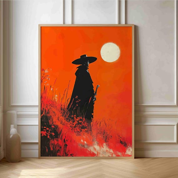 Western Sunset Poster Unique Cowboy Silhouette In Vibrant Style