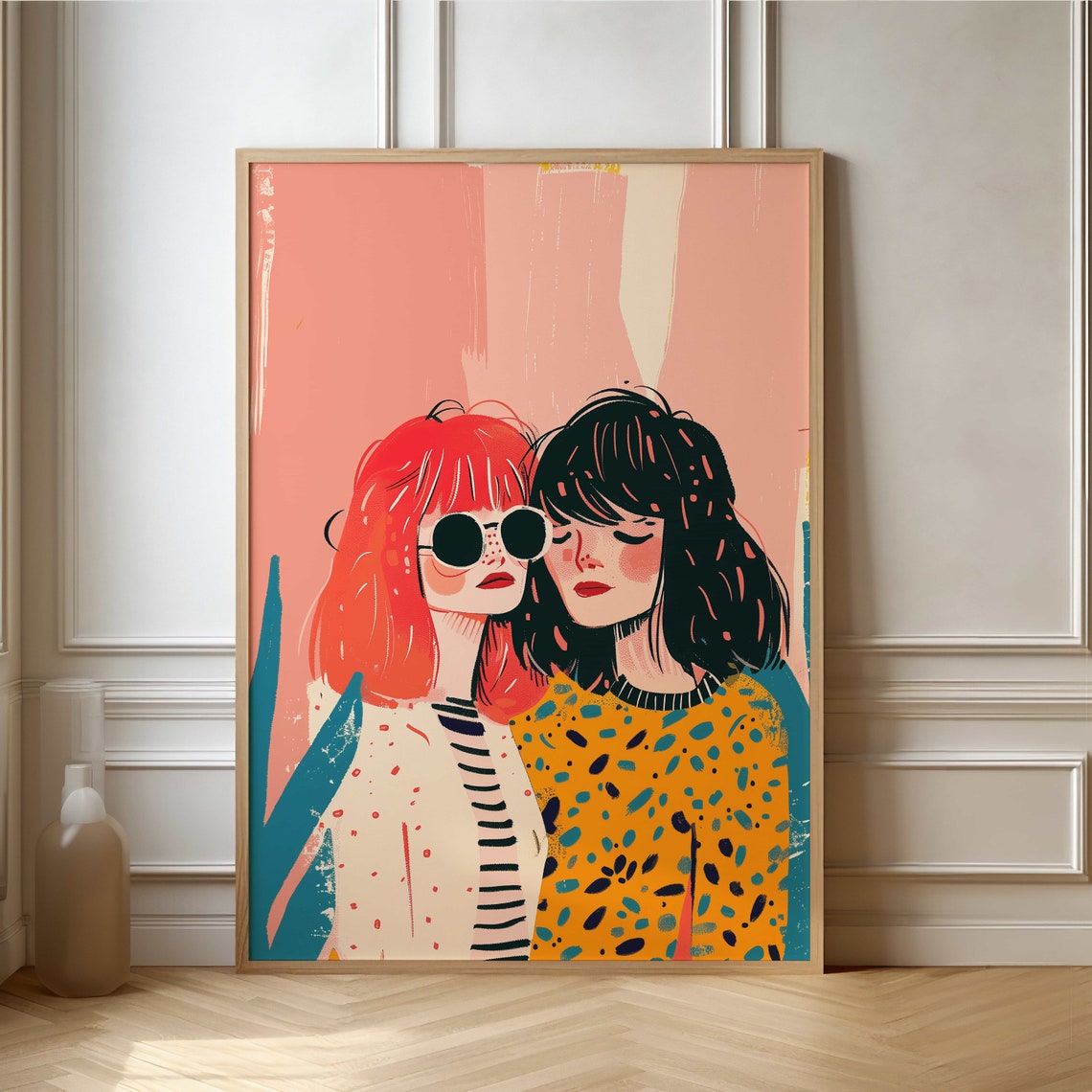 Two Cool Girlfriends Retro Fashion Portrait Illustration Poster