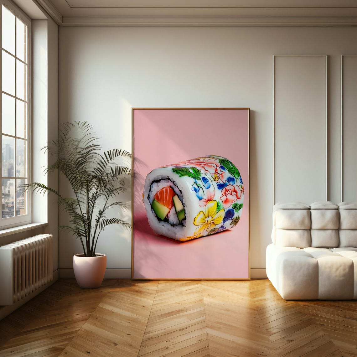 Floral Decorated Sushi Roll on Pink Background Quirky Art Poster - Image 2