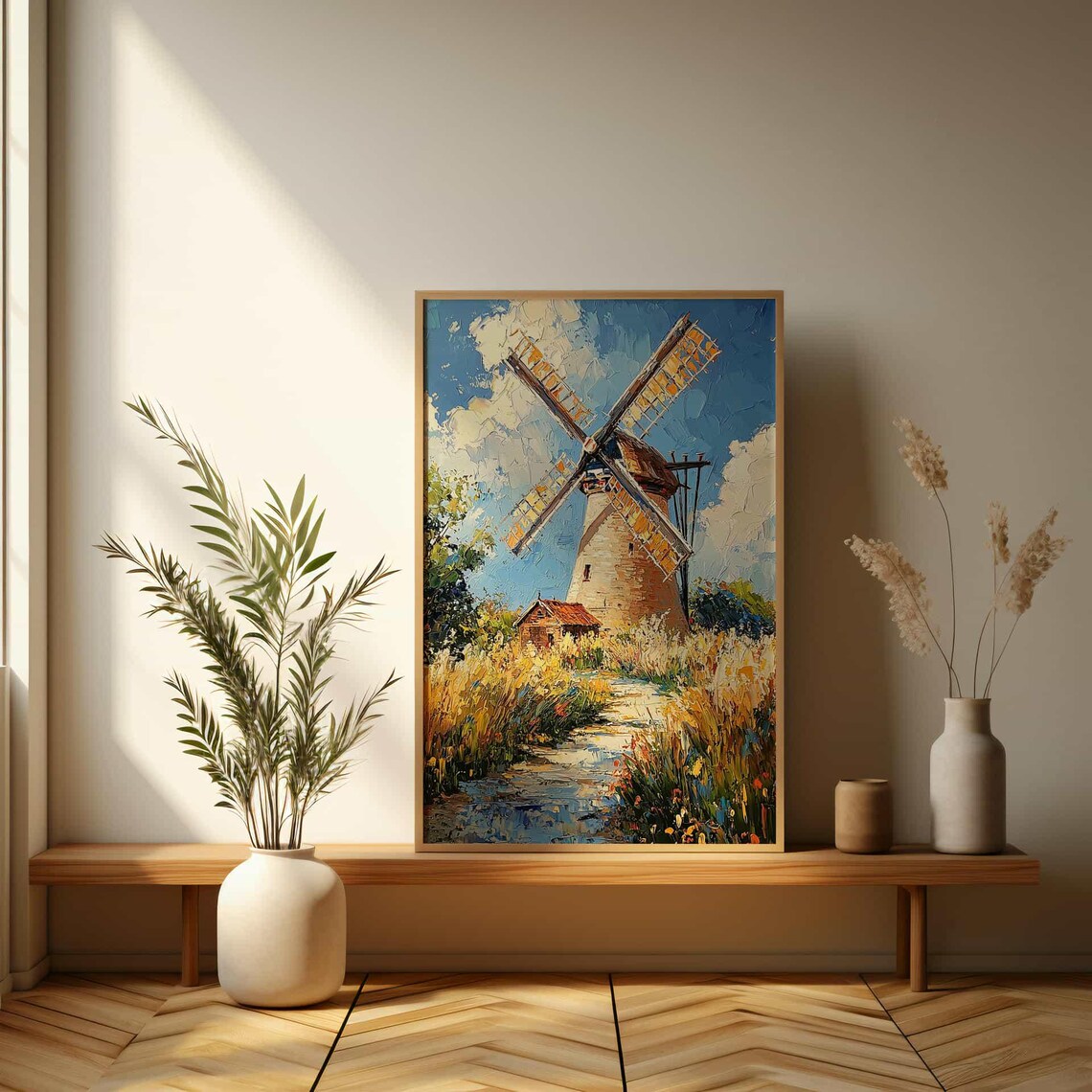 Dutch Windmill in Golden Wheat Field Impasto Oil Painting Poster - Image 3