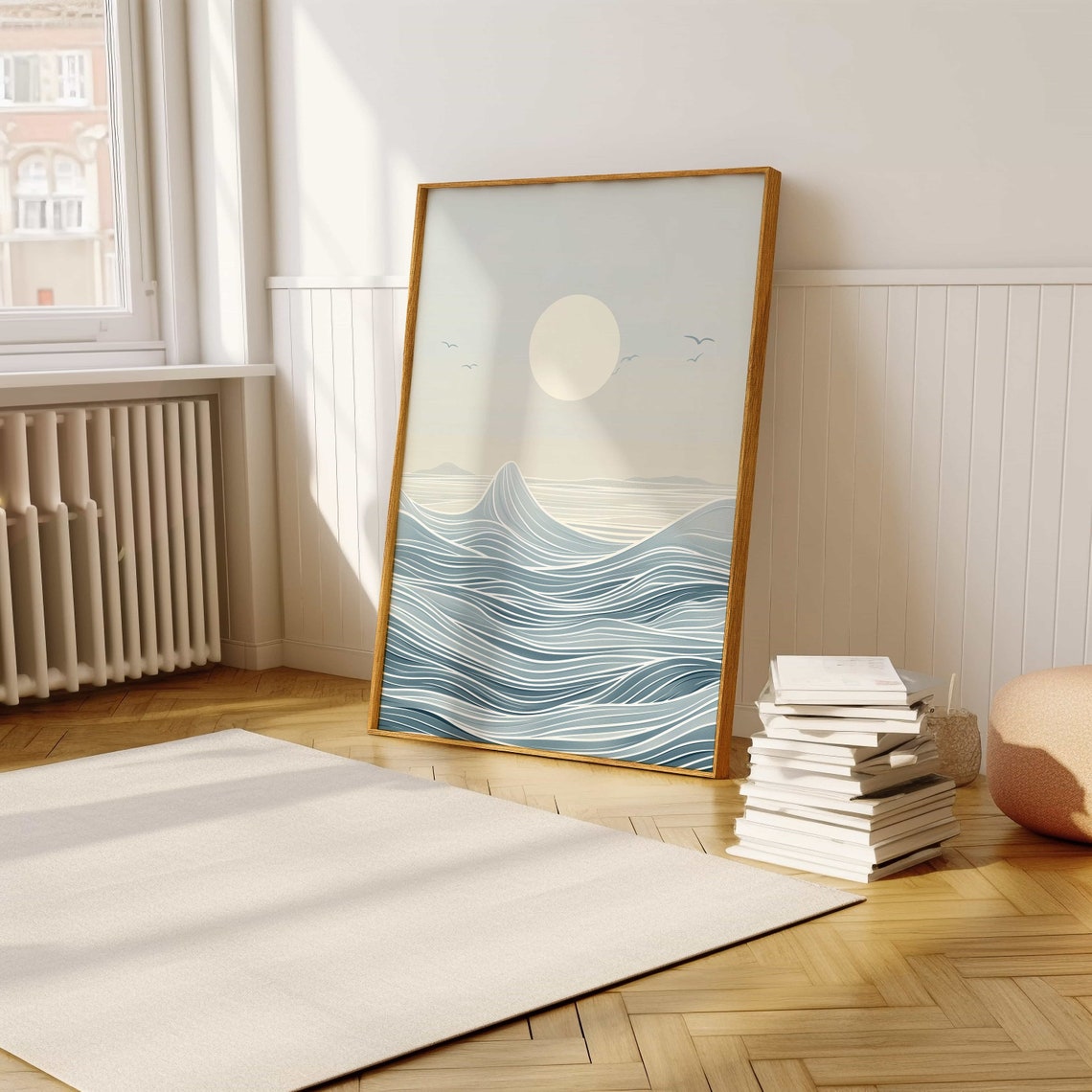 Minimalist Ocean Waves Beneath a Pale Moon Seascape Art Poster - Image 5