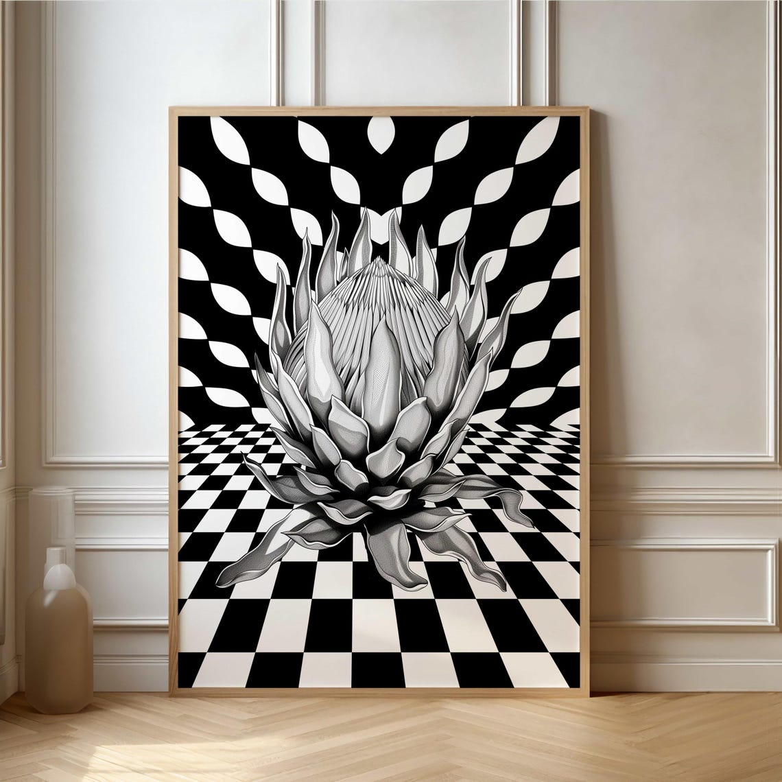Geometric King Protea Poster Optical Illusion Black And White Wall Art