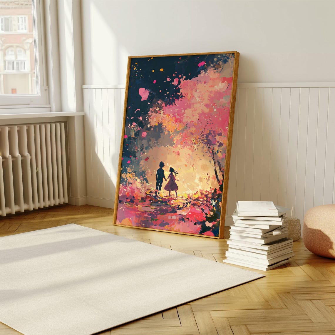 Lovers Walking Under Cherry Blossoms Romantic Sunset Art Poster - Image 5