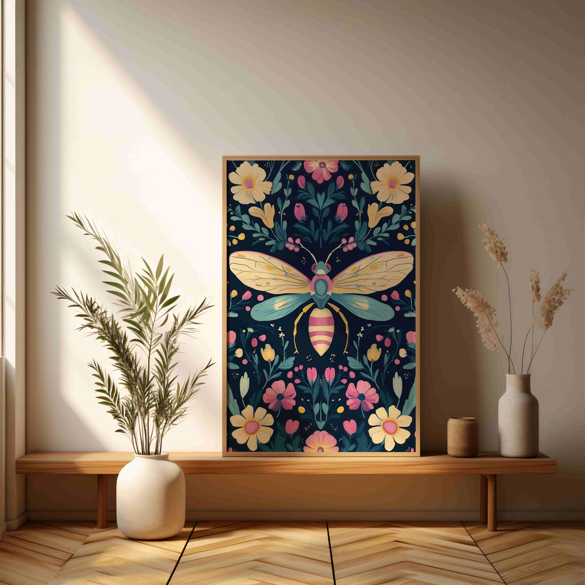 Enchanted Floral Bee Art Print Whimsical Modern Wall Poster With Nature Inspired Floral Motifs For Home Decor - Image 3