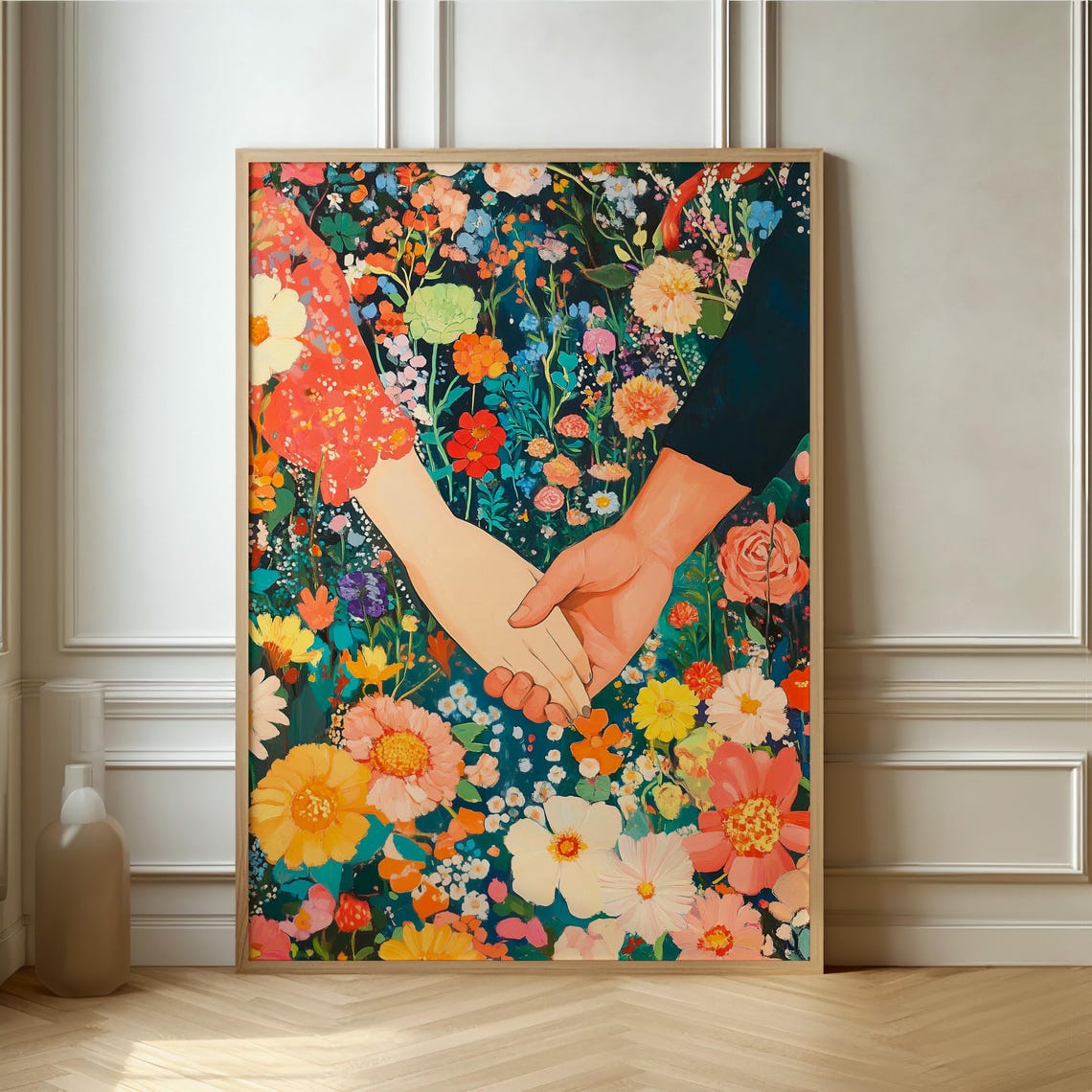 Couple Holding Hands In Wildflower Field Romantic Floral Poster