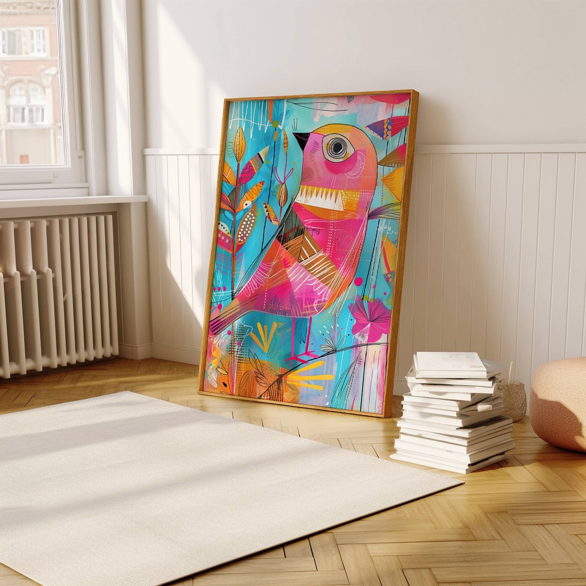 Playful Pink Bird Abstract Art Whimsical Colorful Modern Poster - Image 3