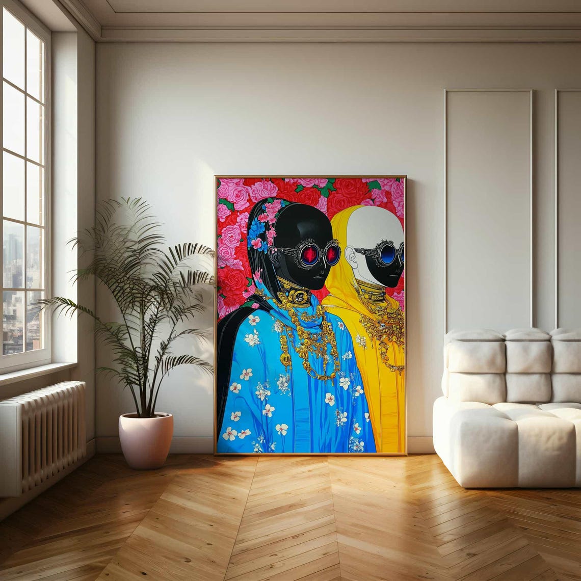 Bold Pop Art Duo in Steampunk Goggles Against Pink Roses Poster - Image 2