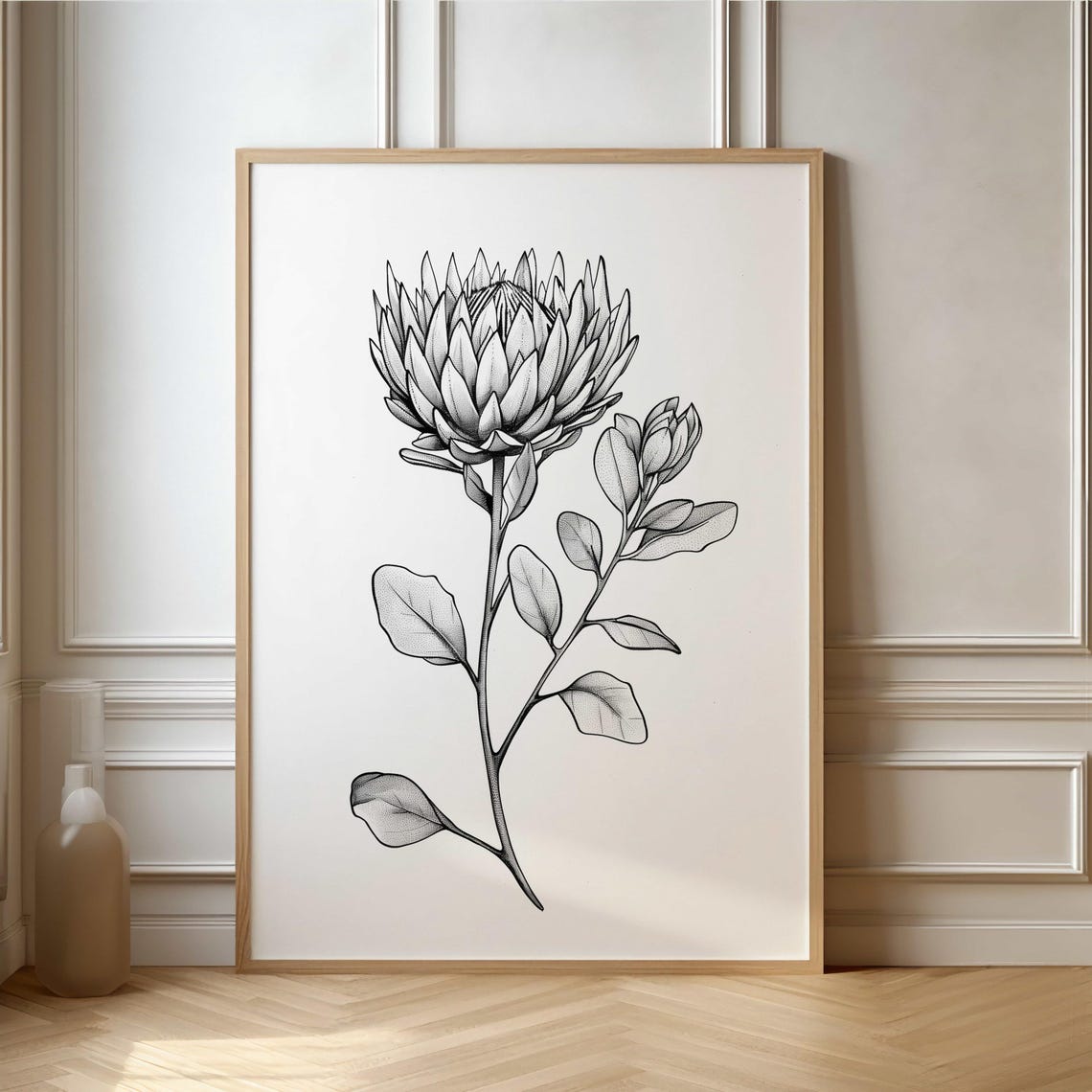 King Protea Minimalist Black White Botanical Line Art Poster