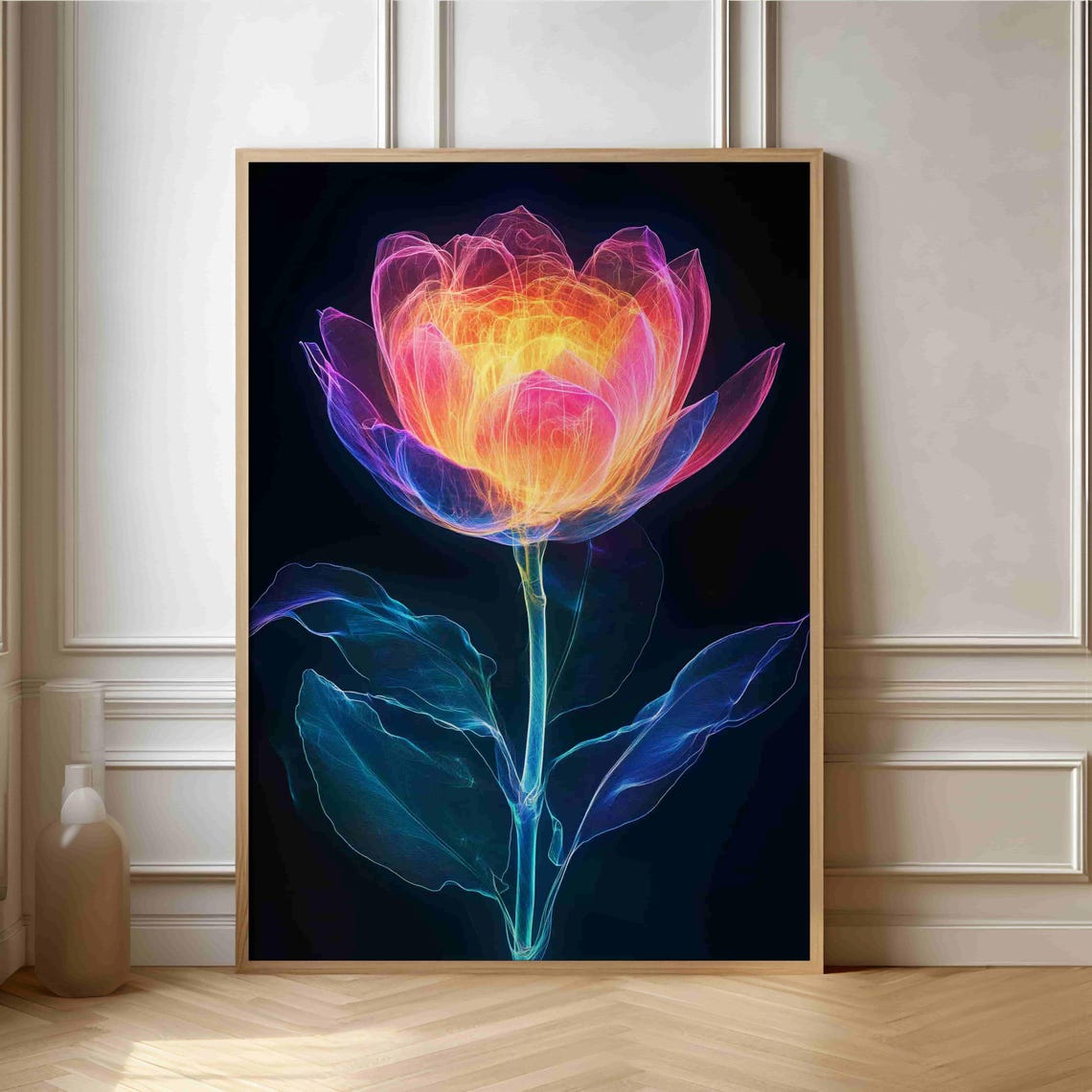Glowing Neon Flower On Black Background Abstract Botanical Art Print