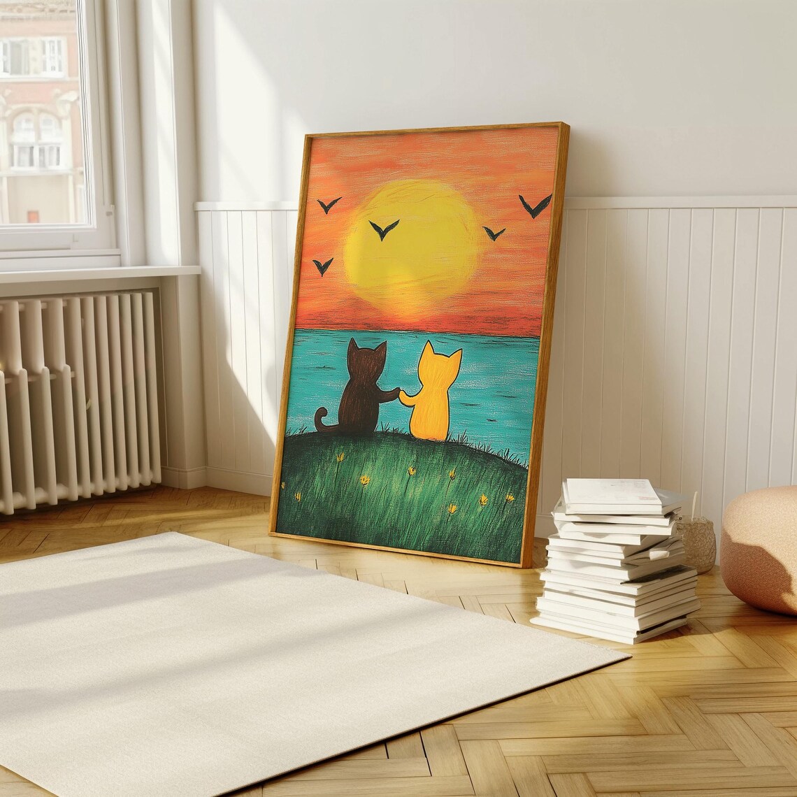 Two Cartoon Cats Watching Sunset By The Sea Naive Art Poster - Image 5
