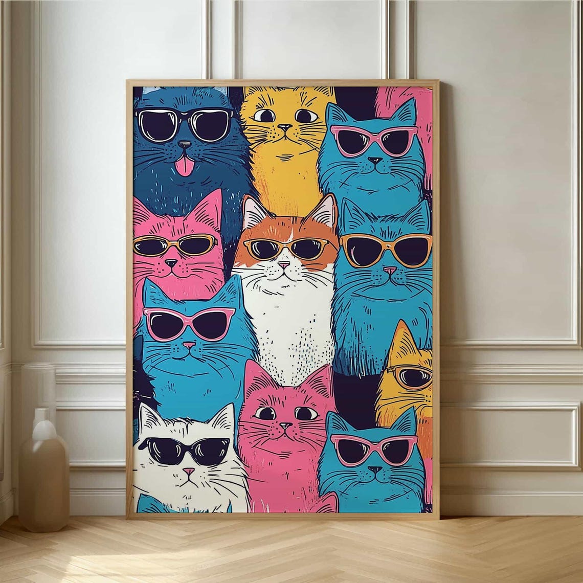Cool Colorful Cats Wearing Sunglasses Retro Pop Art Funny Poster