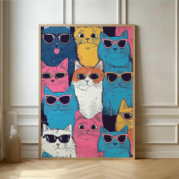 Cool Colorful Cats Wearing Sunglasses Retro Pop Art Funny Poster