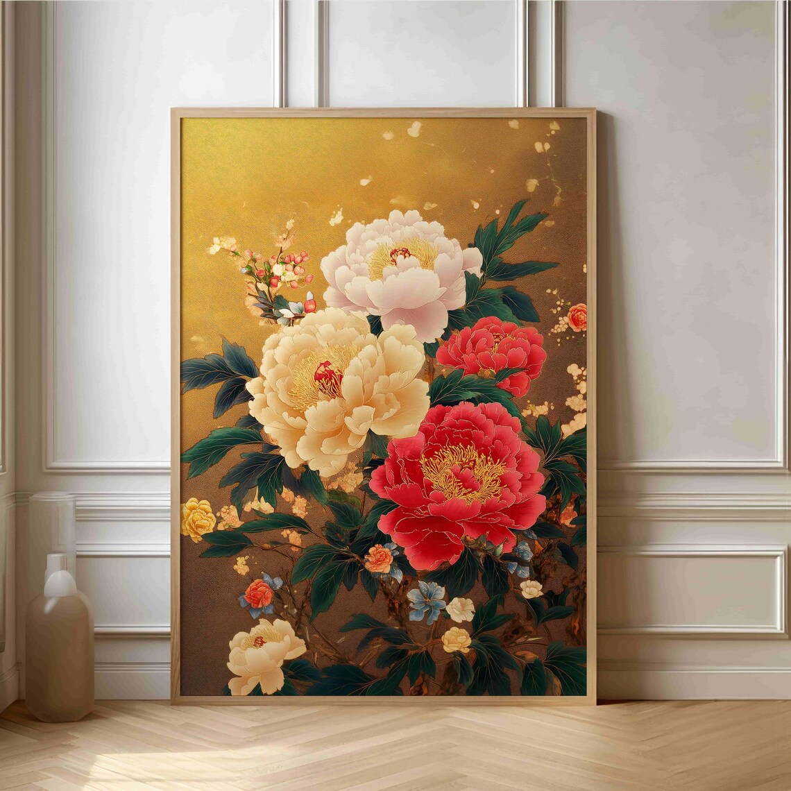 Japanese Style Peony Flowers On Golden Background Elegant Art Print