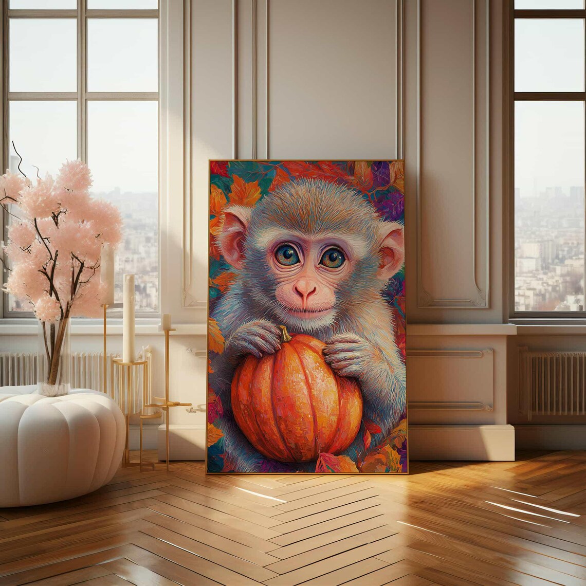 Adorable Baby Monkey Holding a Pumpkin Autumn Leaves Art Poster - Image 4