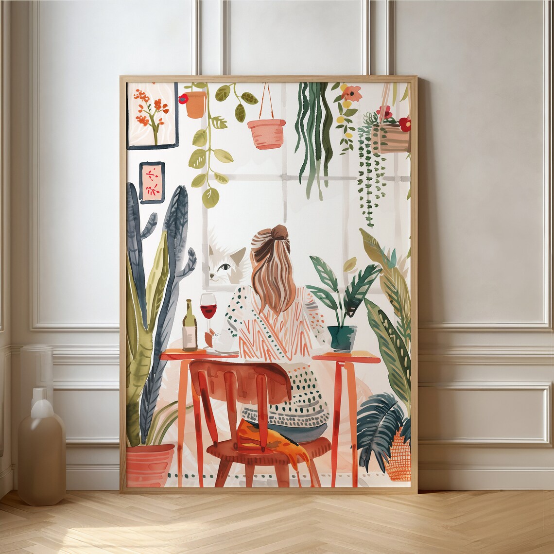 Woman Enjoying Wine With Cat Among Houseplants Watercolor Poster