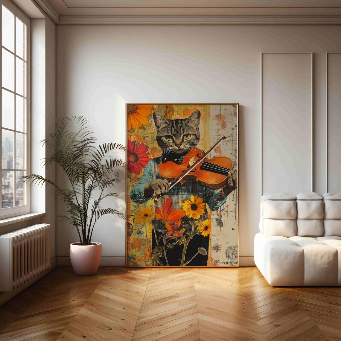 Tabby Cat Playing Violin with Sunflowers Whimsical Collage Poster Art - Image 2
