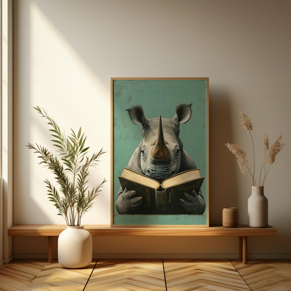 Intellectual Rhino Reading Book Whimsical Teal Animal Portrait Poster - Image 3