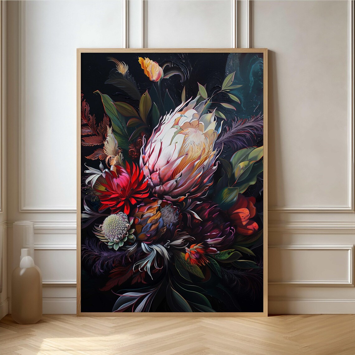 Moody Dark Botanical Bouquet with King Proteas Painting Art Poster