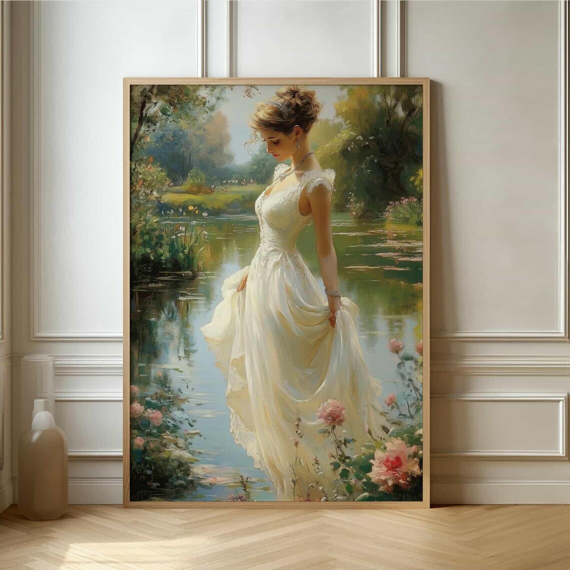 Woman in White Dress by Lily Pond Romantic Garden Painting Poster