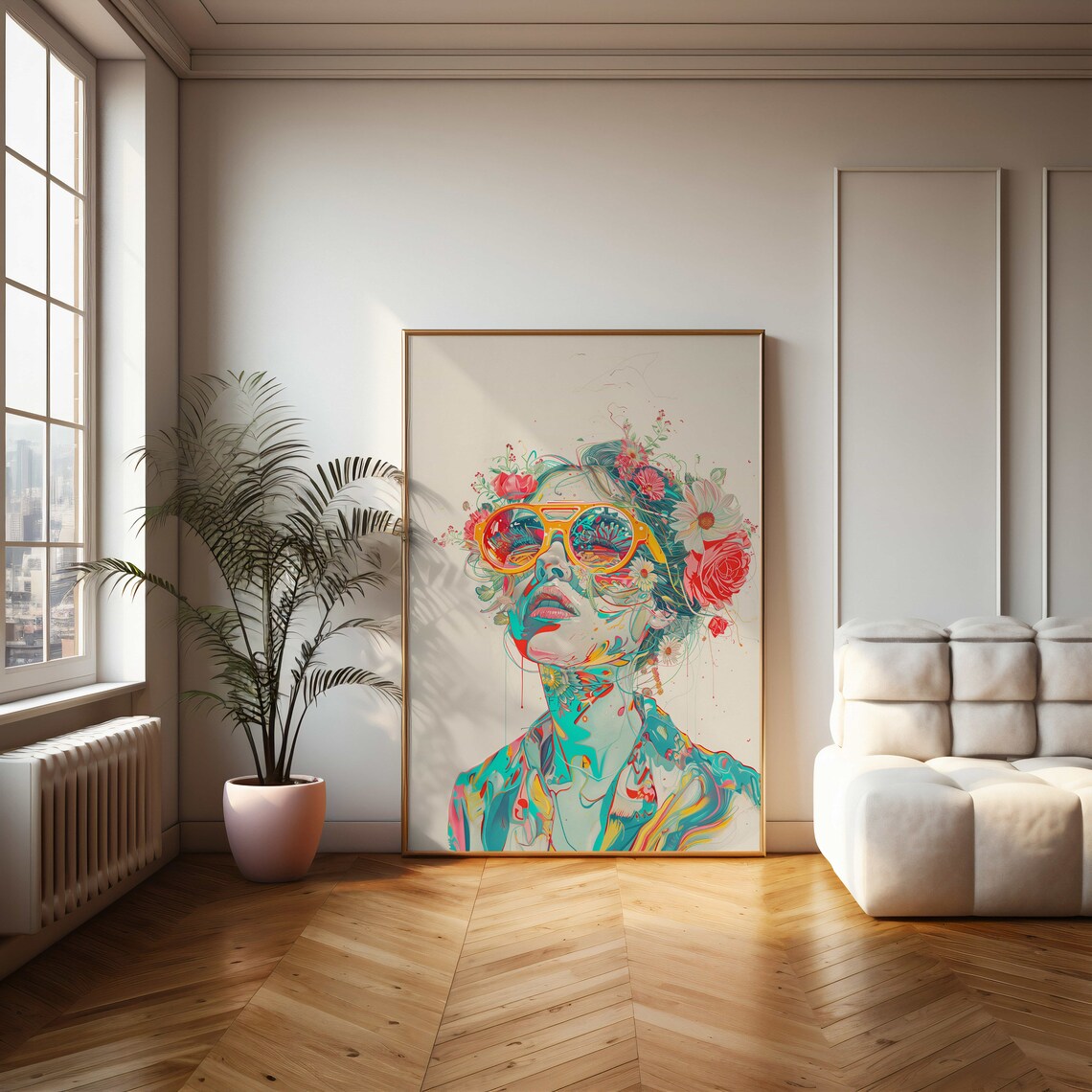 Woman In Yellow Sunglasses Colorful Floral Illustration Poster - Image 2