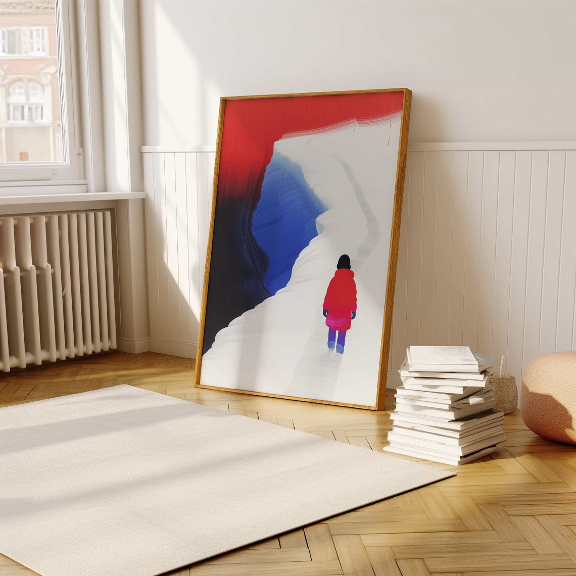 Child In Red Coat Walking Snowy White Dune Landscape Art Poster - Image 5