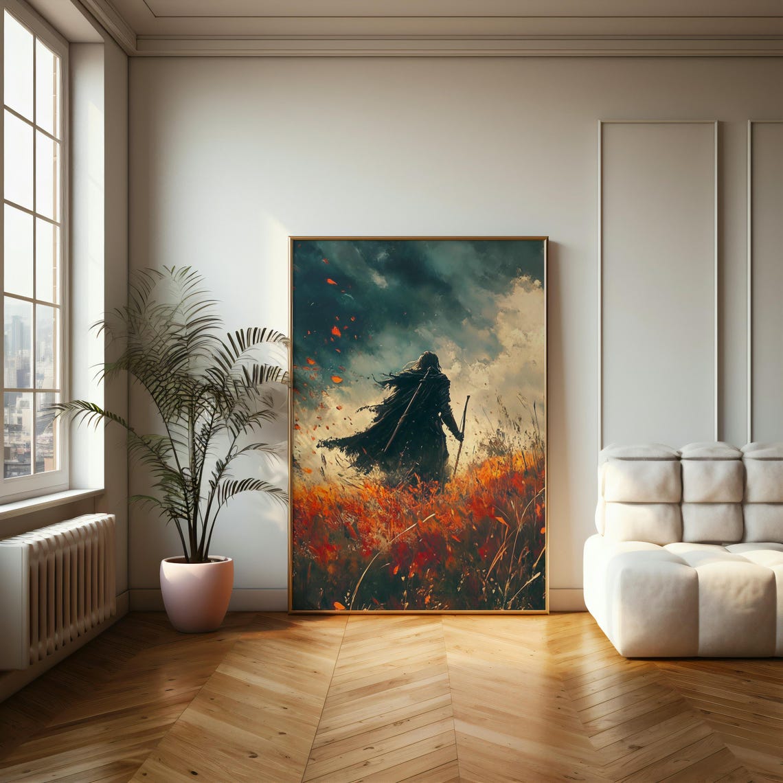 Dark Fantasy Warrior Walking Through Fiery Field Epic Art Poster - Image 2