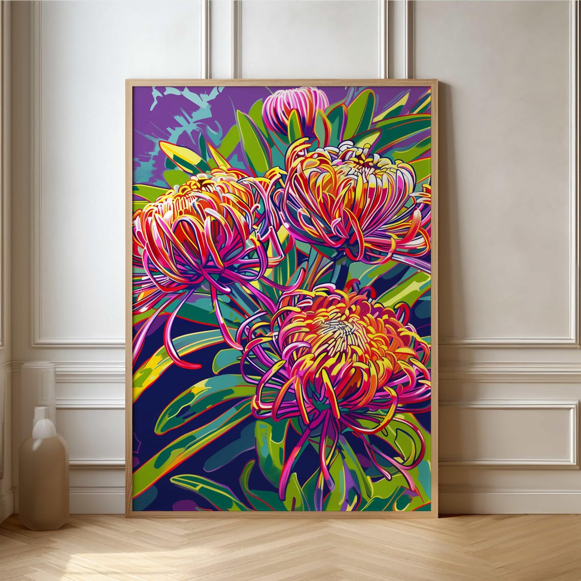 Vibrant Neon Chrysanthemum Blooms on Deep Purple Pop Art Poster