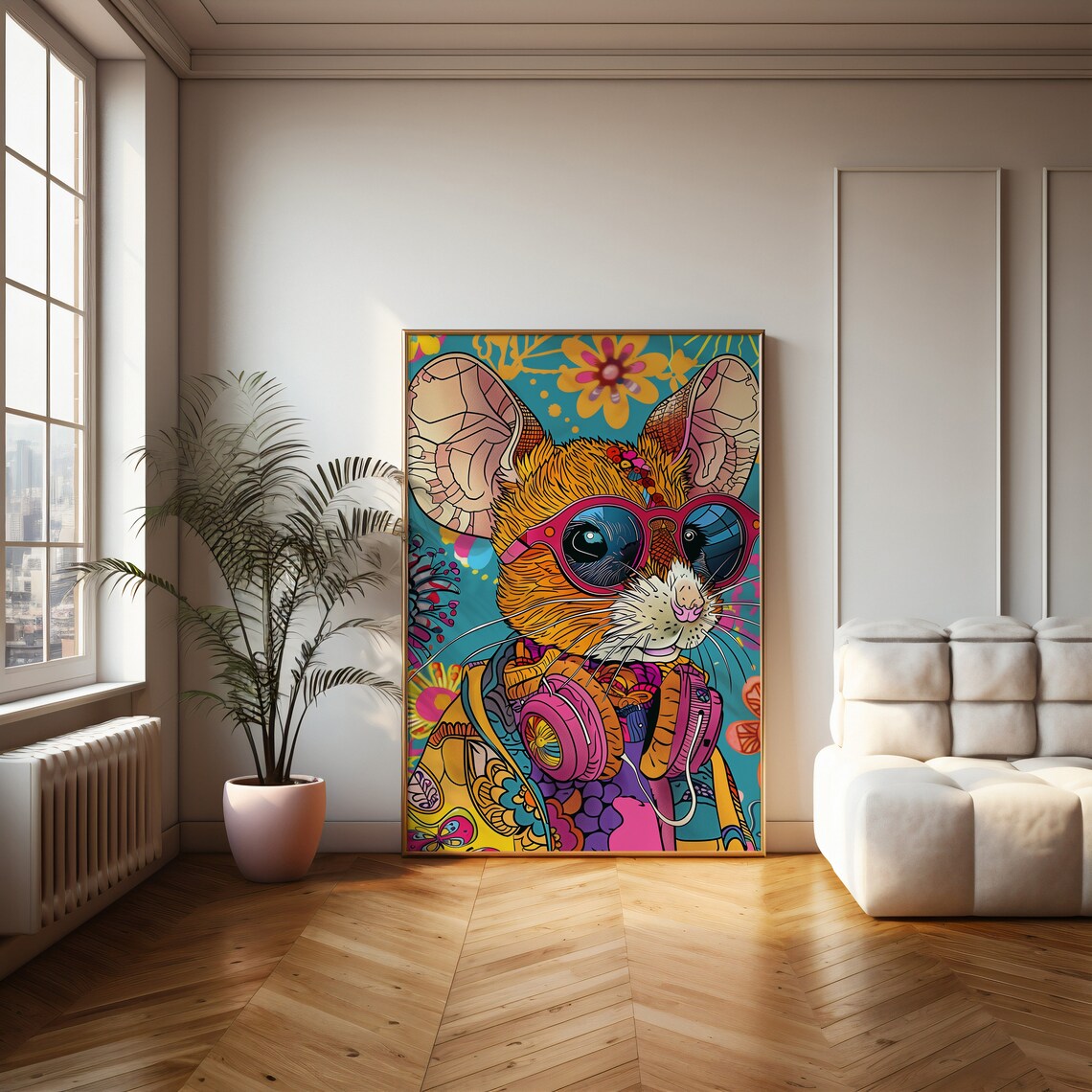 Bohemian Mouse With Pink Sunglasses and Headphones Pop Art Poster - Image 2