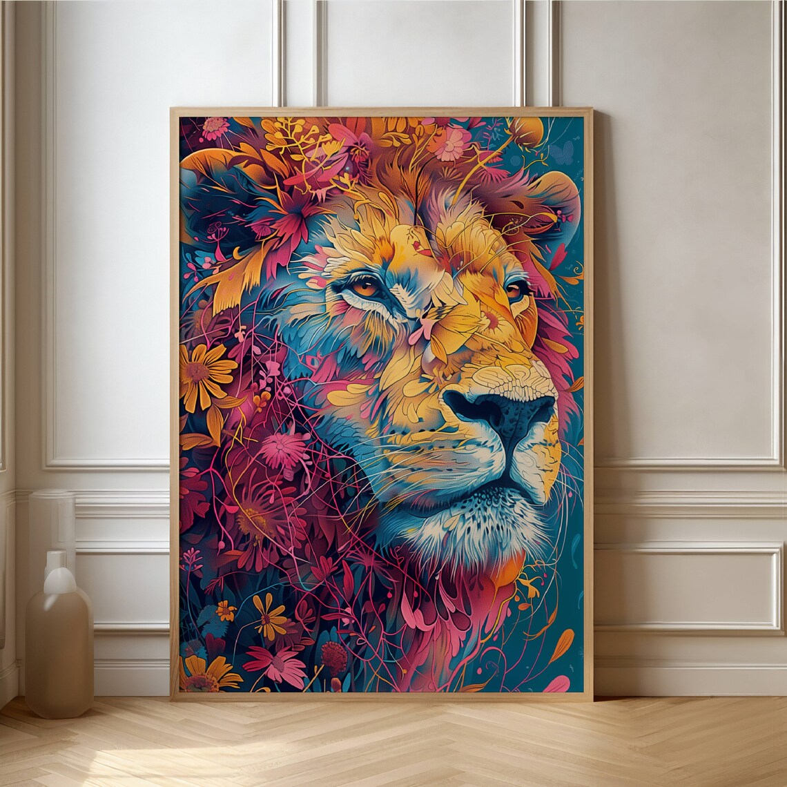 Colorful Lion Portrait With Floral Mane on a Teal Canvas Poster
