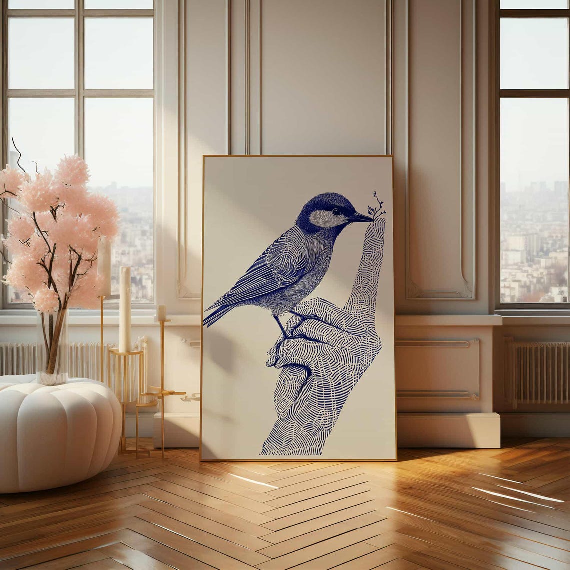 Songbird Perched on a Hand Indigo Ink Line Drawing Art Poster - Image 2