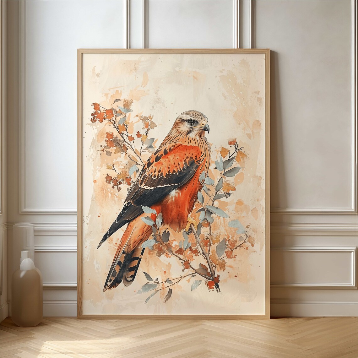 Majestic Hawk Perched On Autumn Branch Watercolor Painting Poster