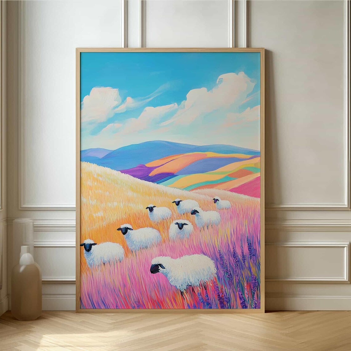 Whimsical Sheep in Colorful Rainbow Meadow Pastel Painting Poster