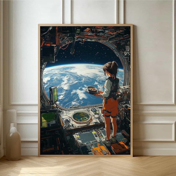 Anime Girl Eating Noodles In Space Station Cozy Sci Fi Art Print