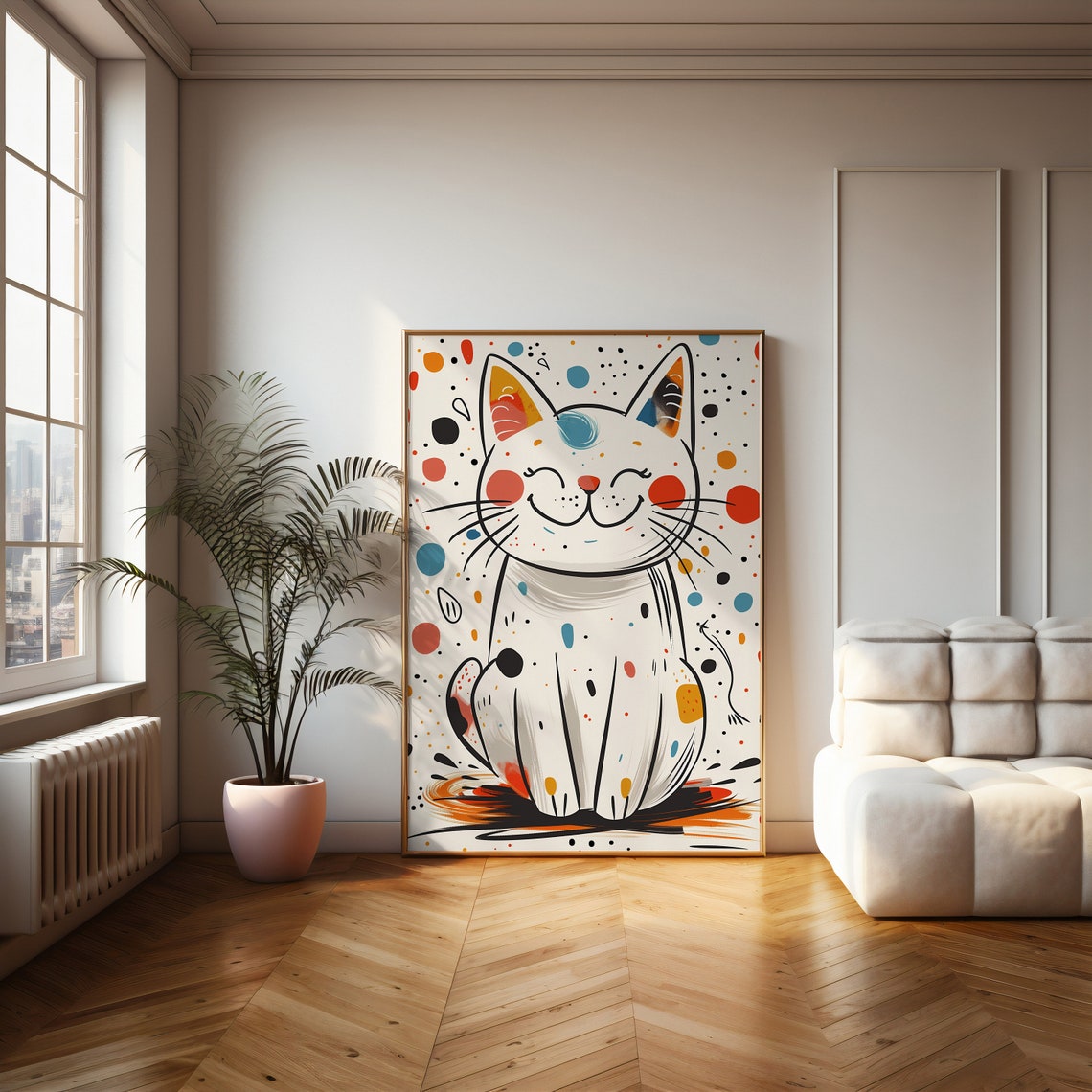 Smiling White Cat With Colorful Polka Dots Whimsical Art Poster - Image 2