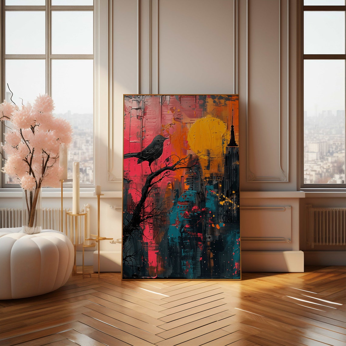 Blackbird Silhouette Over Sunset City Skyline Abstract Poster - Image 4