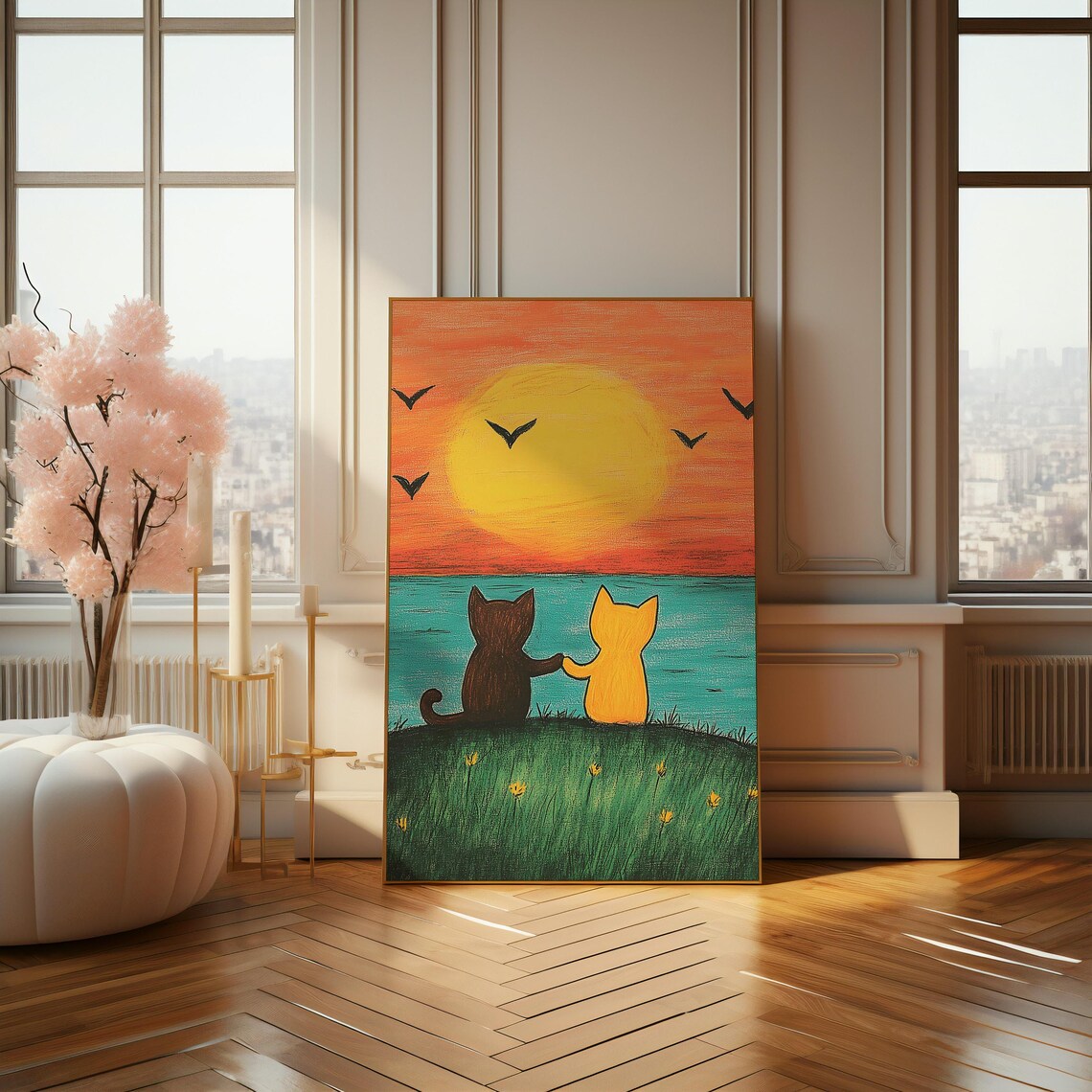 Two Cartoon Cats Watching Sunset By The Sea Naive Art Poster - Image 4