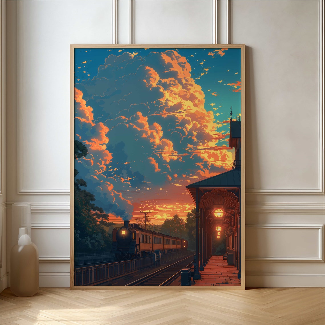 Retro Train At Sunset Poster Beautiful Illustrated Art For Home Decor